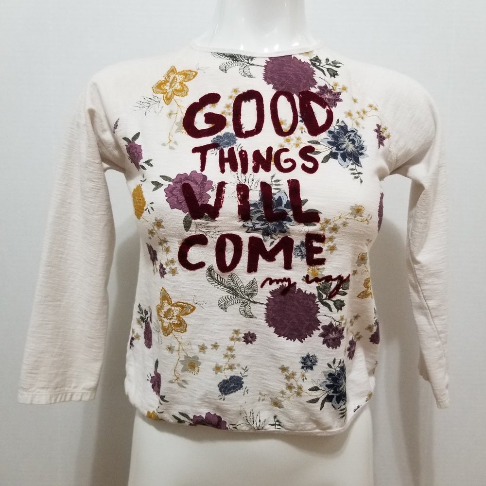 Zara top 8 Good Things Will Come My Way flocked graphic slogan floral print